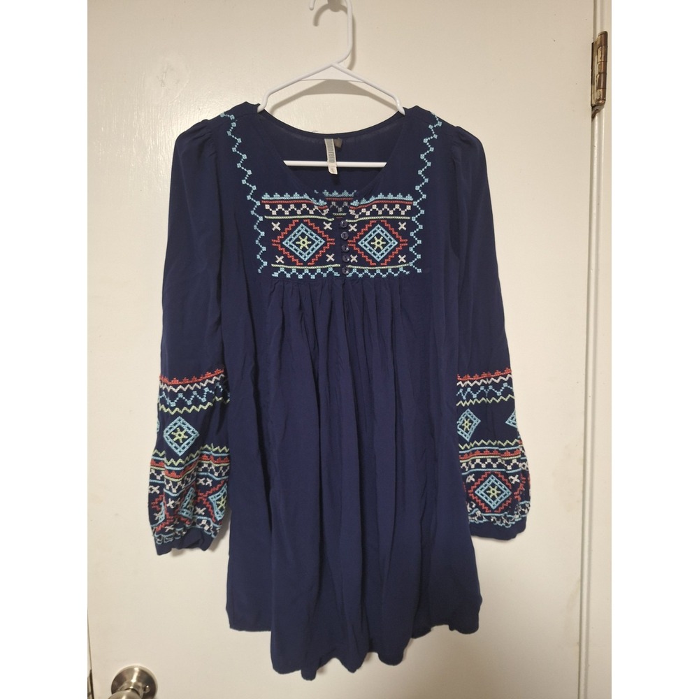 Monteau Women S Blue Embroidered Boho Long Sleeve Tunic Top Blouse Peasant